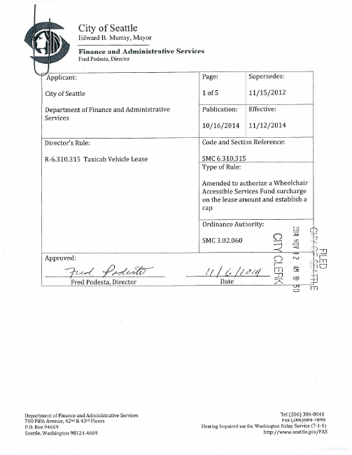 First page of Seattle R-6.310.315 — vehicle lease rule (2014 edition)