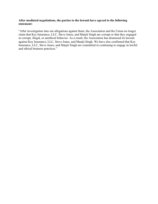 First page of WWTCOA insurance settlement notice — January 2016