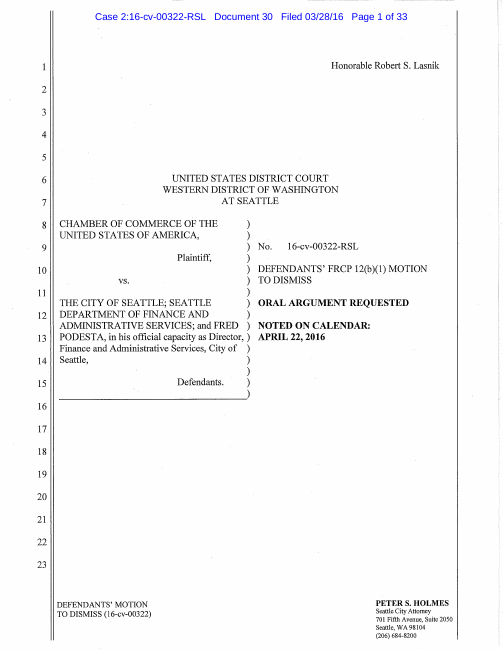 First page of Seattle response brief in the lawsuit — March 2016