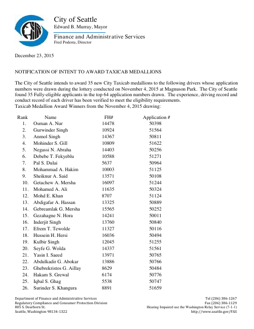 First page of Seattle taxi licence lottery notice — December 2015