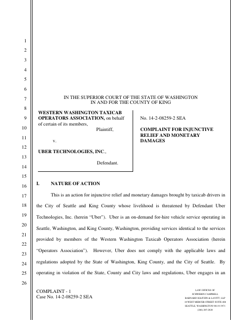 First page of WWTCOA v. Uber — complaint filed March 2014